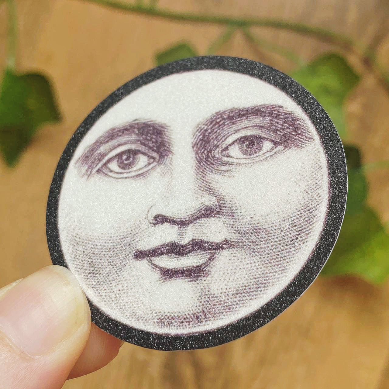 Vintage Smiling Full Moon Ephemera Sticker, Celestial Whimsigoth Decal, Sand Glitter Frosted Stickers