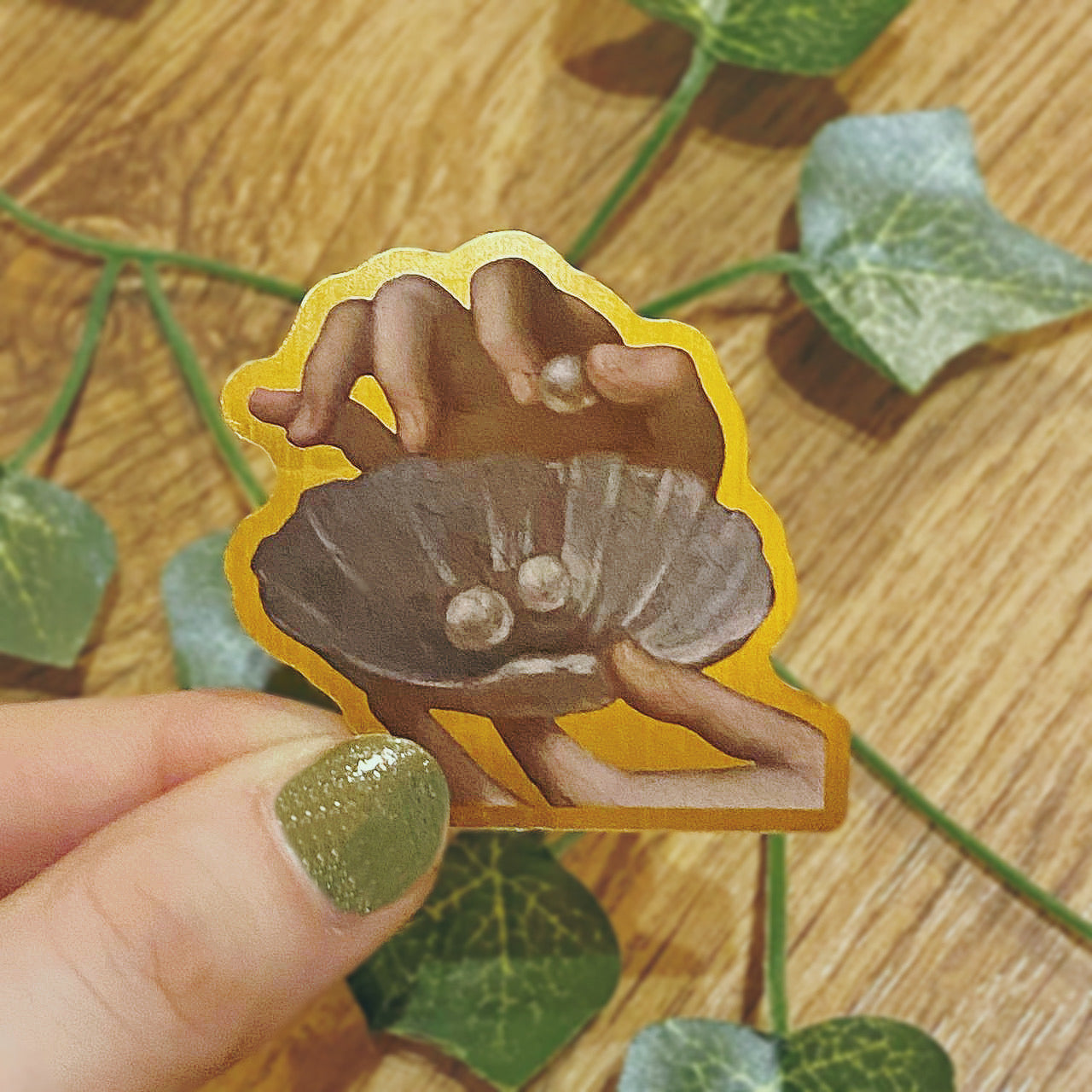 1691 Woman Holding A Dish Of Pearls Sticker, Antique Renaissance Art Decal, Gold Brushed Vinyl Sticker