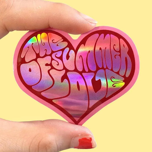 The Summer Of Love Holographic Heart Sticker, Whimsical Retro Decal, Groovy Hippie Car Bumper Sticker