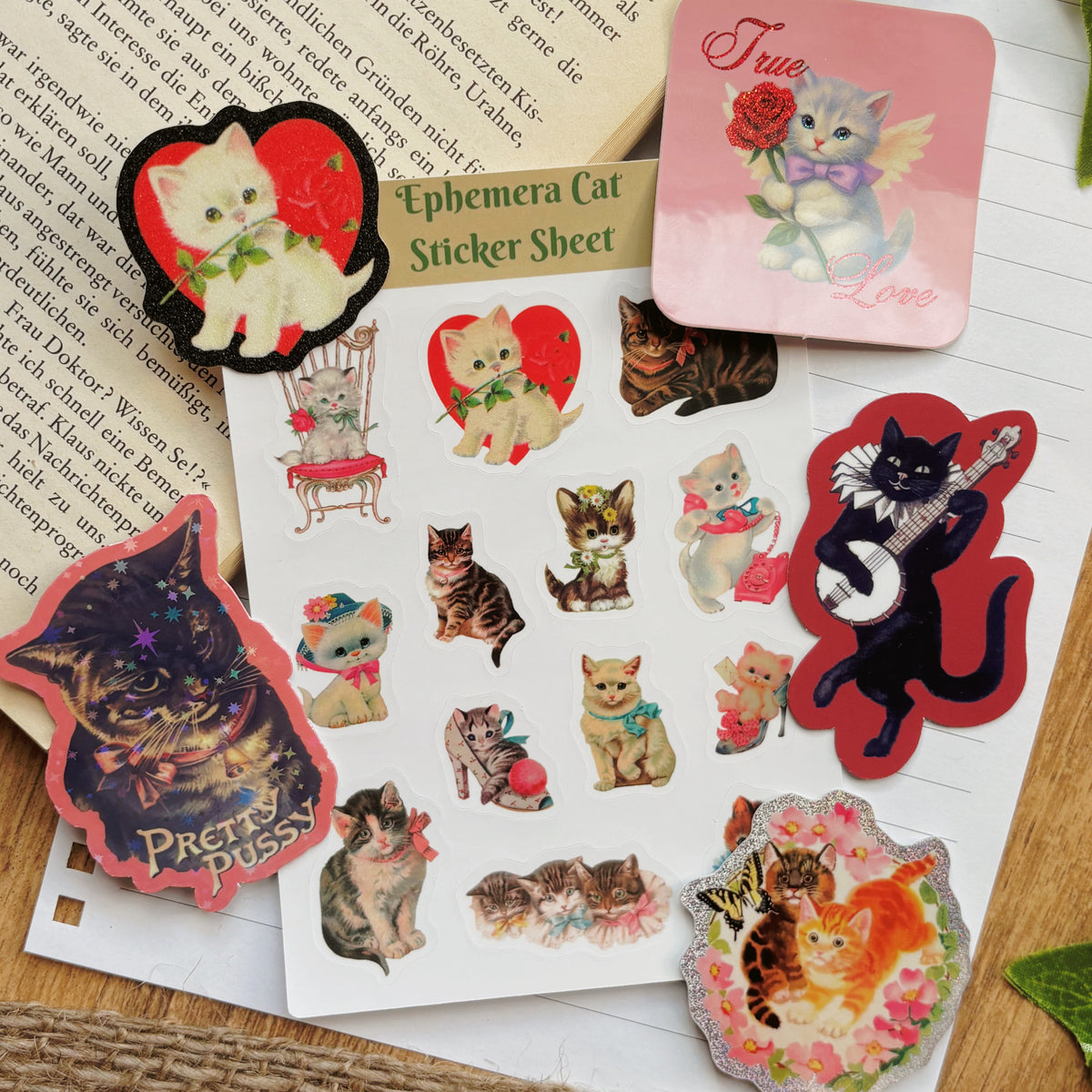 Vintage Cat Sticker Sheets | Coquette Kitsch Ephemera & Junk Journal Stickers
