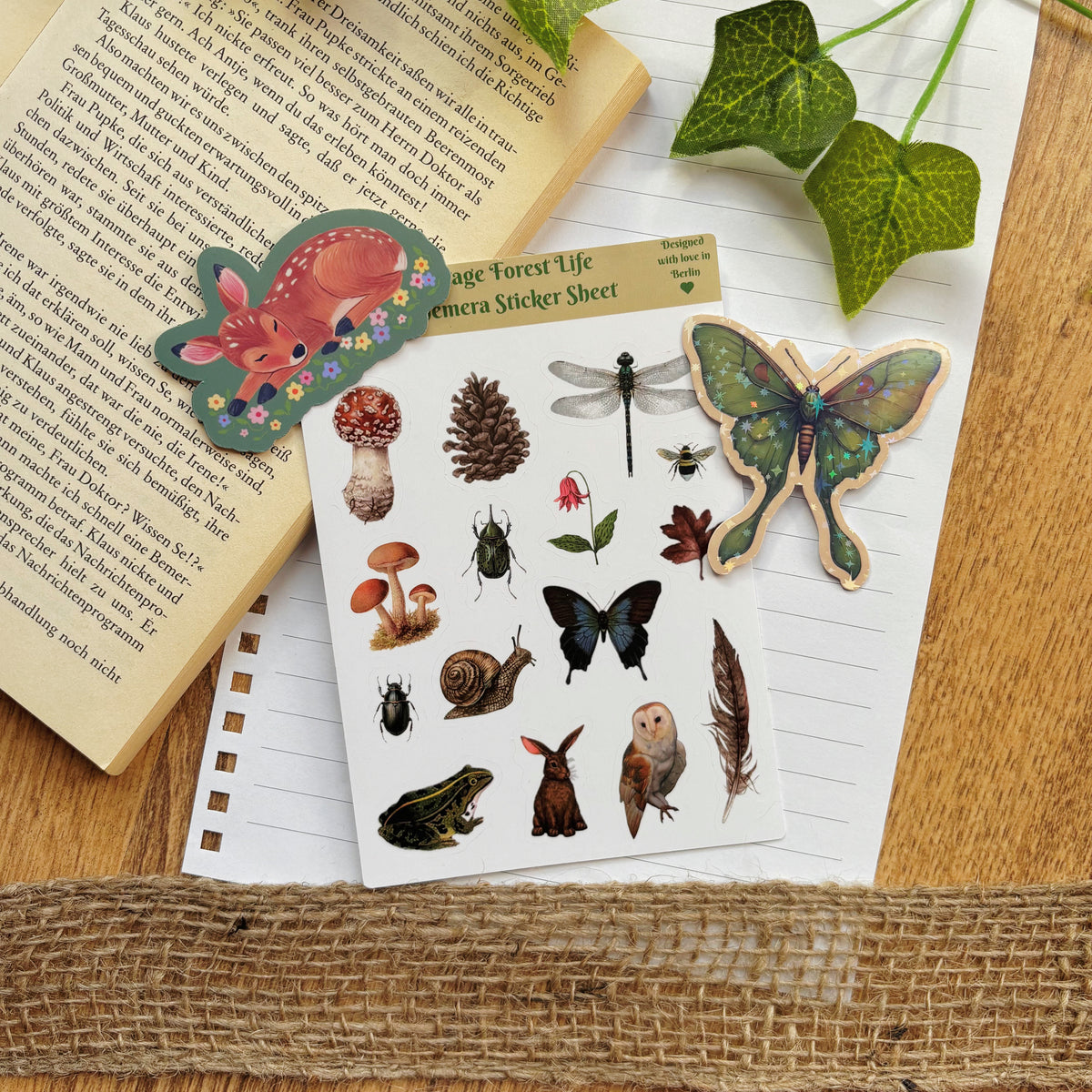vintage forest life stationery kit with ephemera sticker sheet with frog owl rabbit and luna moth and fawn die cut stickers on book