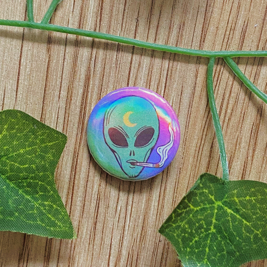 Vintage Holographic Alien Button Pin | Psychedelic Art | Trippy | 420 | 25 mm 1” Pinback Buttons | Whimsigoth Jewelry