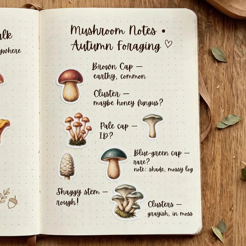 Mini Forest Mushroom Stickers - 9 Small Vintage Mushroom Vinyl Stickers | Woodland Mycology Mini Sticker Sheet | Cottagecore Foraging Decals