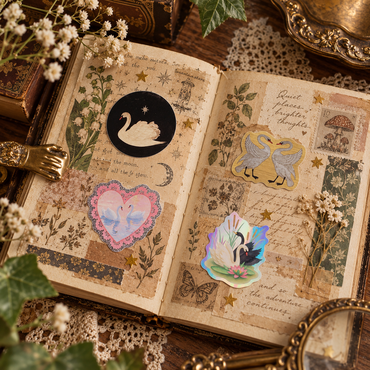 Vintage Swan Sticker Set - 4 Coquette Swan Stickers | Romantic Gold Foil, Glitter Heart & Holographic Swan Decals | Balletcore Vinyl Pack