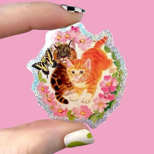 1930s Ephemera Kitty Cats Glitter Sticker, Vintage Cat Art, Whimsy Pixie Dust Decal, Cute Cat Lover Gift