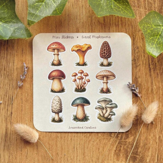 mini forest mushroom stickers 9 small vintage mushroom vinyl decals fly agaric chanterelle morel cottagecore on wooden table