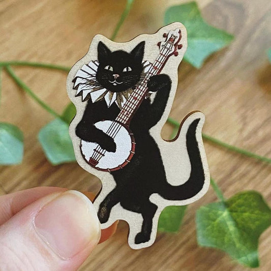 1895 The Black Cat Playing Banjo Vintage Wooden Pin, Antique Black Cat Lapel Pin, Funny Cat Lover Gift
