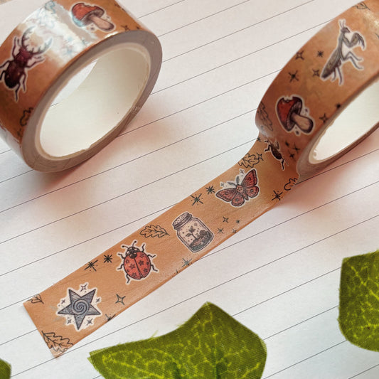fairycore bug nature washi tape 15mm brown kraft tape with mushroom moth ladybug beetle mantis terrarium and star pattern on notebook