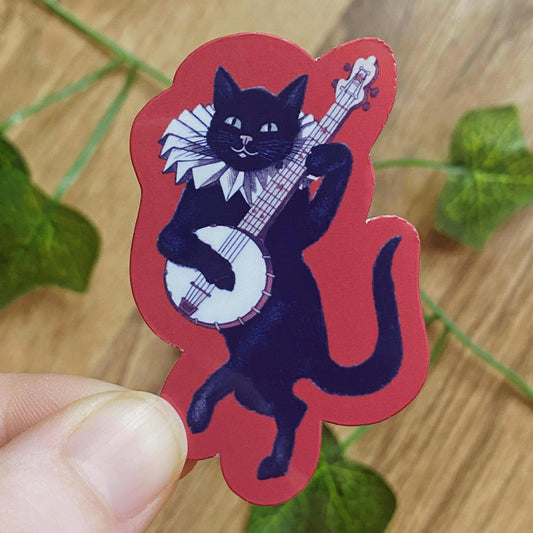 1895 The Black Cat Playing Banjo Vintage Sticker, Antique Cats Decal, Funny Cat Lover Gift