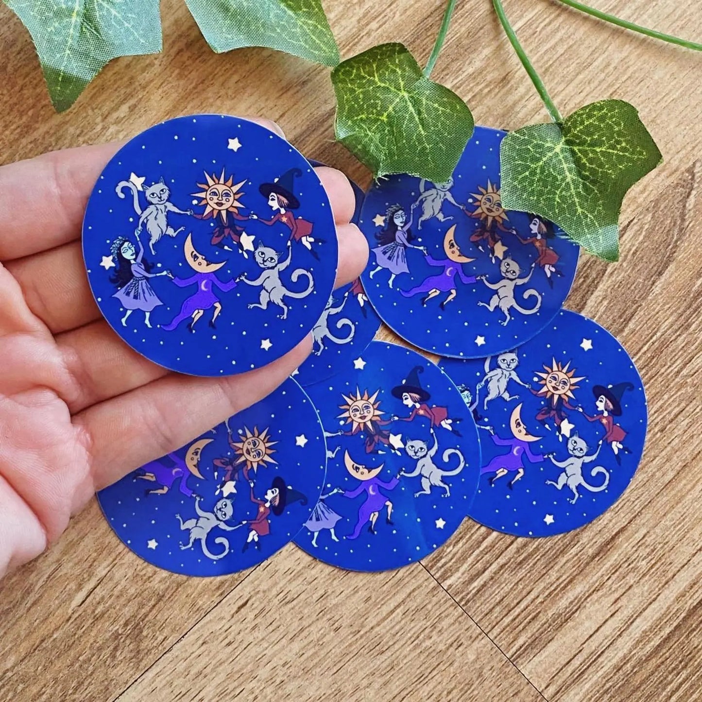 Mystical Circle Dance Creatures Vinyl Sticker, Dancing Sun, Moon, Witch, Ghost Decal, Vintage Whimsigoth Stickers