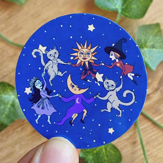 Mystical Circle Dance Creatures Vinyl Sticker, Dancing Sun, Moon, Witch, Ghost Decal, Vintage Whimsigoth Stickers