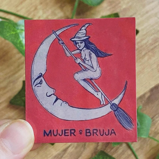 1900 Spanish Mujer Bruja Witch Riding Broom Moon Art Nouveau Vintage Sticker, Antique Celestial Whimsigoth Decal