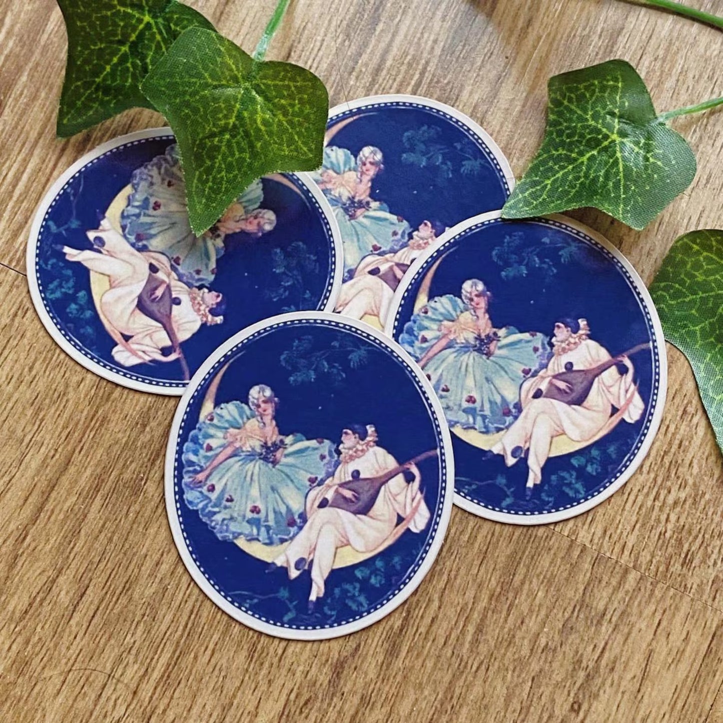 1920s Pierrot And Columbine On The Moon, Art Deco Vintage Sticker, Pierrot And Pierrette, Moon Serenade, Antique Art Nouveau Decal