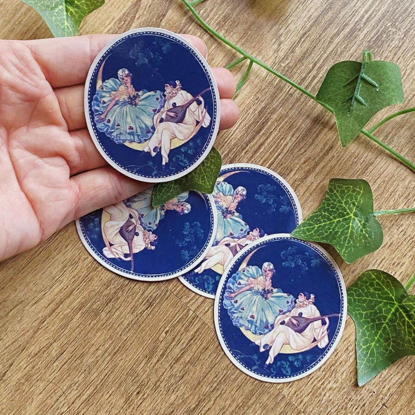 1920s Pierrot And Columbine On The Moon, Art Deco Vintage Sticker, Pierrot And Pierrette, Moon Serenade, Antique Art Nouveau Decal