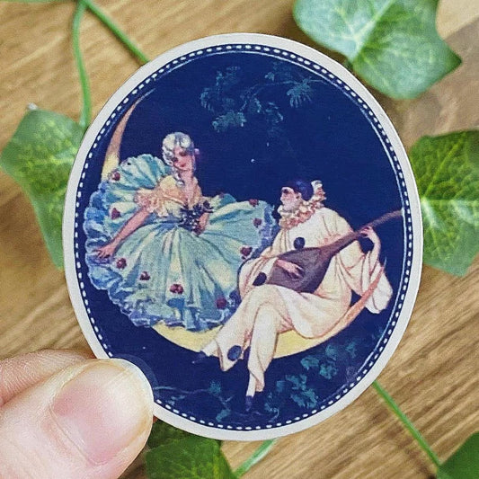 1920s Pierrot And Columbine On The Moon, Art Deco Vintage Sticker, Pierrot And Pierrette, Moon Serenade, Antique Art Nouveau Decal