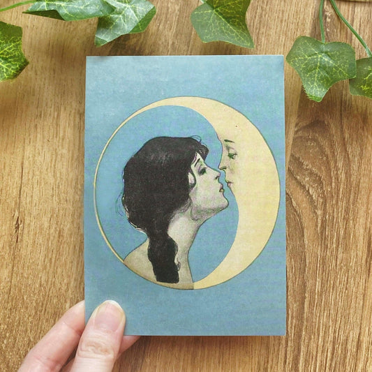 vintage woman kissing crescent moon art nouveau greeting card blue celestial stationery